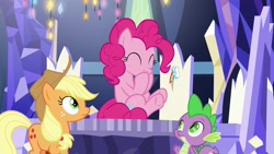 Size: 1920x1080 | Tagged: safe, screencap, character:applejack, character:pinkie pie, character:spike, species:dragon, species:pony, episode:the last laugh, g4, my little pony: friendship is magic, cute, diapinkes, giggling, twilight's castle, winged spike