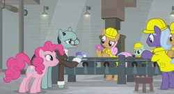 Size: 1366x736 | Tagged: safe, screencap, character:pinkie pie, character:sans smirk, species:pony, episode:the last laugh, g4, my little pony: friendship is magic, clothing, conveyor belt, factory, flower, gag factory, glasses, hard hat, hat, lights, stool, uniform, worker
