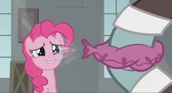 Size: 1366x740 | Tagged: safe, screencap, character:pinkie pie, character:sans smirk, species:pony, episode:the last laugh, g4, my little pony: friendship is magic, cute, diapinkes, factory, gag factory, lip bite, smiling, whoopee cushion