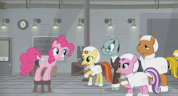 Size: 1366x738 | Tagged: safe, screencap, character:pinkie pie, character:sans smirk, species:pony, episode:the last laugh, g4, my little pony: friendship is magic, clipboard, clothing, crate, factory, gag factory, glasses, lights, pencil, stool, suit, white coat, worker