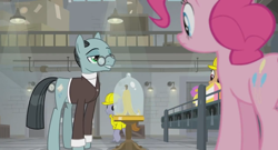 Size: 1366x738 | Tagged: safe, screencap, character:pinkie pie, character:sans smirk, species:pony, episode:the last laugh, g4, my little pony: friendship is magic, balcony, banana peel, bell jar, clothing, conveyor belt, factory, gag factory, glasses, hard hat, hat, lights, suit, table, worker