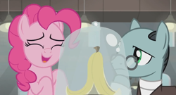 Size: 1366x738 | Tagged: safe, screencap, character:pinkie pie, character:sans smirk, species:pony, episode:the last laugh, g4, my little pony: friendship is magic, balcony, banana peel, bell jar, clothing, factory, gag factory, glasses, happy, lights, smiling, suit, thinking