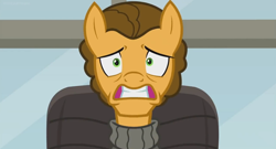 Size: 1366x738 | Tagged: safe, screencap, character:cheese sandwich, species:pony, episode:the last laugh, g4, my little pony: friendship is magic, alternate hairstyle, chair, clothing, factory, frightened, gag factory, solo, sweater