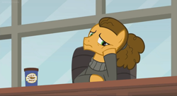 Size: 1360x740 | Tagged: safe, screencap, character:cheese sandwich, species:pony, episode:the last laugh, g4, my little pony: friendship is magic, chair, depressed, hair bun, hoof on cheek, peanut brittle, sad, solo, written equestrian