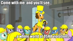 Size: 960x540 | Tagged: safe, screencap, character:cheese sandwich, species:earth pony, species:pony, episode:the last laugh, g4, my little pony: friendship is magic, caption, clothing, factory, film theory, hard hat, hat, image macro, male, no osha compliance, osha, silly, stallion, suit, text, top hat, very silly, very very silly, willy wonka, willy wonka and the chocolate factory
