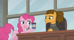 Size: 1366x740 | Tagged: safe, screencap, character:cheese sandwich, character:pinkie pie, species:pony, episode:the last laugh, g4, my little pony: friendship is magic, alternate hairstyle, chair, desk, factory, gag factory, hair bun, peanut brittle, sad, window