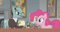 Size: 1366x738 | Tagged: safe, screencap, character:cheese sandwich, character:pinkie pie, character:sans smirk, species:pony, episode:the last laugh, g4, my little pony: friendship is magic, accordion, clothing, factory, gag factory, glasses, microphone, musical instrument, notepad, poster, suit, toy