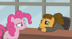 Size: 1366x740 | Tagged: safe, screencap, character:cheese sandwich, character:pinkie pie, species:pony, episode:the last laugh, g4, my little pony: friendship is magic, alternate hairstyle, chair, desk, diacheeses, hair bun, sad, sad eyes, window