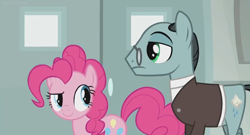 Size: 1366x738 | Tagged: safe, screencap, character:pinkie pie, character:sans smirk, species:pony, episode:the last laugh, g4, my little pony: friendship is magic, door, factory, gag factory, laboratory, science lab
