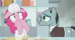 Size: 1366x734 | Tagged: safe, screencap, character:cheese sandwich, character:pinkie pie, character:sans smirk, species:pony, episode:the last laugh, g4, my little pony: friendship is magic, clothing, factory, gag factory, glasses, hard hat, hat, horrified, lab coat, laboratory, paperwork, suit, white coat