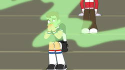Size: 1280x720 | Tagged: safe, screencap, character:heath burns, episode:sock it to me, g4, my little pony:equestria girls, background human, bleachers, clothing, foot odor, gasping, green face, heath burns, male, nauseous, offscreen character, pants, shoes, smelly, sneakers, sock it to me: bulk biceps, socks, teddy t. touchdown