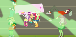 Size: 1280x633 | Tagged: safe, screencap, character:apple bloom, character:cheerilee, character:normal norman, character:scootaloo, character:scott green, character:sweetie belle, species:pegasus, species:pony, episode:sock it to me, g4, my little pony:equestria girls, background human, boots, clothing, cutie mark crusaders, eyes closed, female, foot odor, hat, male, pants, passed out, scott green, shoes, skirt, smelly, sneakers, sock it to me: bulk biceps, sweet leaf