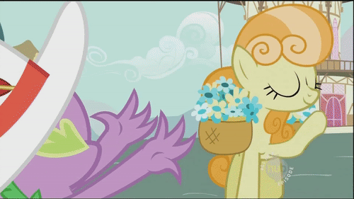 Size: 500x281 | Tagged: safe, screencap, character:junebug, character:spike, species:earth pony, species:pony, episode:secret of my excess, g4, my little pony: friendship is magic, animated, basket, basket of flowers, claws, clothing, cute, female, flower, hat, hub logo, mare, ponyville town hall, raised hoof, talking