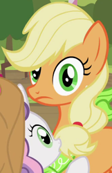 Size: 330x510 | Tagged: safe, screencap, character:applejack, character:sweetie belle, species:earth pony, species:pony, species:unicorn, episode:sisterhooves social, g4, my little pony: friendship is magic, applejack's hat, clothing, cowboy hat, cropped, female, filly, hat, hatless, mare, missing accessory