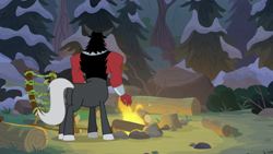 Size: 1920x1080 | Tagged: safe, screencap, character:lord tirek, species:centaur, episode:frenemies, g4, my little pony: friendship is magic, bracer, butt, campfire, cloven hooves, colored hooves, fire, forest, log, male, pine tree, plot, solo, tirump, tree, tree stump