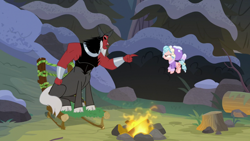 Size: 1920x1080 | Tagged: safe, screencap, character:cozy glow, character:lord tirek, species:centaur, species:pegasus, species:pony, episode:frenemies, g4, my little pony: friendship is magic, campfire, chair, clothing, cloven hooves, cozy glow is not amused, duo, female, filly, fire, flying, foal, forest, hat, log, male, nose piercing, nose ring, piercing, pointing, tree stump, winter outfit