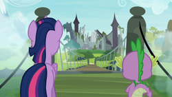 Size: 1600x901 | Tagged: safe, screencap, character:spike, character:twilight sparkle, character:twilight sparkle (alicorn), species:alicorn, species:dragon, species:pony, episode:castle mane-ia, g4, my little pony: friendship is magic, abandoned, bridge, castle of the royal pony sisters, duo, female, male, mare, ruins