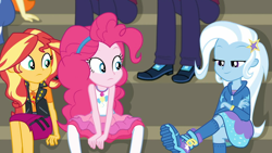 Size: 1914x1080 | Tagged: safe, screencap, character:pinkie pie, character:sunset shimmer, character:trixie, episode:sock it to me, g4, my little pony:equestria girls, bleachers, boots, clothing, crossed legs, crystal prep academy uniform, female, geode of empathy, geode of sugar bombs, golden hazel, hoodie, kneesocks, legs, magical geodes, male, marco dafoy, offscreen character, pantyhose, school uniform, shoes, sitting, smug, sock it to me: trixie, socks, track starr