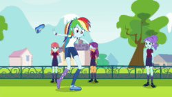 Size: 1920x1080 | Tagged: safe, screencap, character:crystal lullaby, character:ginger owlseye, character:melon mint, character:rainbow dash, species:rabbit, episode:sock it to me, g4, my little pony:equestria girls, animal, animated, barefoot, cleats, clothing, feet, football, magic trick, no sound, shorts, sock, sock it to me: trixie, sports, trixie's magic sock, webm