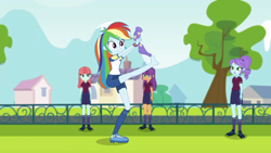 Size: 1280x720 | Tagged: safe, screencap, character:crystal lullaby, character:ginger owlseye, character:melon mint, character:rainbow dash, episode:sock it to me, g4, my little pony:equestria girls, barefoot, cleats, feet, football, soccer field, sock, sock it to me: trixie, sports, trixie's magic sock