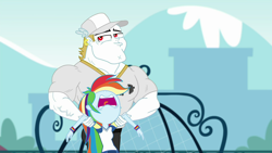 Size: 1920x1080 | Tagged: safe, screencap, character:bulk biceps, character:rainbow dash, episode:sock it to me, g4, my little pony:equestria girls, bulk biceps gets all the mares, catching, faint, grin, holding, open mouth, out of context, passed out, smiling, sock it to me: bulk biceps, tongue out