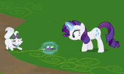 Size: 580x350 | Tagged: safe, screencap, character:opalescence, character:rarity, species:pony, species:unicorn, episode:may the best pet win, g4, my little pony: friendship is magic, cropped, female, magic, magic aura, mare, mouse toy, toy