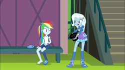 Size: 1280x720 | Tagged: safe, screencap, character:rainbow dash, character:trixie, episode:sock it to me, g4, my little pony:equestria girls, barefoot, clothing, cute, dashabetes, diatrixes, feet, hat, sock it to me: trixie