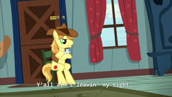 Size: 1280x722 | Tagged: safe, screencap, character:braeburn, species:pony, episode:appleoosa's most wanted, g4, my little pony: friendship is magic, chair, door, sitting, solo