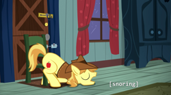 Size: 1280x713 | Tagged: safe, screencap, character:braeburn, species:pony, episode:appleoosa's most wanted, g4, my little pony: friendship is magic, chair, door, sleeping, solo