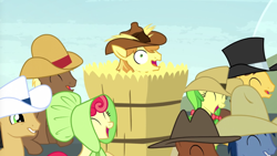 Size: 1280x722 | Tagged: safe, screencap, character:apple bumpkin, character:apple fritter, character:blues, character:braeburn, character:caramel, character:cherry cola, character:meadow song, character:noteworthy, species:pony, episode:appleoosa's most wanted, g4, my little pony: friendship is magic, apple family member, hay bale