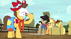 Size: 1280x719 | Tagged: safe, screencap, character:applejack, character:braeburn, character:caramel, character:sheriff silverstar, species:pony, episode:appleoosa's most wanted, g4, my little pony: friendship is magic, clown, harmonica, hay bale, musical instrument