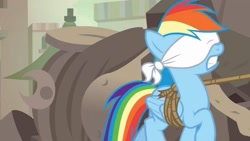 Size: 1920x1080 | Tagged: safe, screencap, character:rainbow dash, species:pegasus, species:pony, episode:daring done, blindfold, bondage, female, folded wings, forced, gritted teeth, kidnapped, mare, predicament, predicament bondage, rainbond dash, raised hoof, rope, solo, somnambula (location), tied up, walking, wings