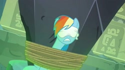 Size: 1920x1080 | Tagged: safe, screencap, character:rainbow dash, species:pegasus, species:pony, episode:daring done, blindfold, bondage, female, gritted teeth, mare, predicament, predicament bondage, rainbond dash, rope, solo, tied up