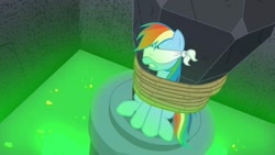 Size: 1920x1080 | Tagged: safe, screencap, character:rainbow dash, species:pegasus, species:pony, episode:daring done, blindfold, bondage, female, mare, rope, solo, tied up