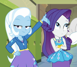 Size: 911x800 | Tagged: safe, screencap, character:bulk biceps, character:rarity, character:trixie, episode:sock it to me, g4, my little pony:equestria girls, bracelet, canterlot high, clothing, cropped, crossed arms, duo focus, eyeroll, female, geode of shielding, hallway, hoodie, jewelry, lockers, magical geodes, offscreen character, smiling