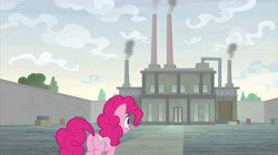 Size: 2400x1348 | Tagged: safe, screencap, character:pinkie pie, species:earth pony, species:pony, episode:the last laugh, g4, my little pony: friendship is magic, building, chimney, factory, female, gag factory, mare, smoke, smokestacks, solo, walls