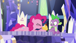 Size: 1920x1080 | Tagged: safe, screencap, character:pinkie pie, character:spike, species:dragon, species:earth pony, species:pony, episode:the last laugh, g4, my little pony: friendship is magic, claws, cupcake, cutie map, female, food, friendship throne, male, mare, prone, twilight's castle, winged spike