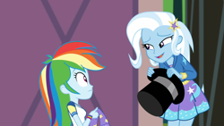 Size: 1914x1080 | Tagged: safe, screencap, character:rainbow dash, character:trixie, episode:sock it to me, g4, my little pony:equestria girls, barrette, clothing, duo, duo female, female, hat, hoodie, skirt, smiling, sock, sock it to me: trixie, top hat, trixie's magic sock