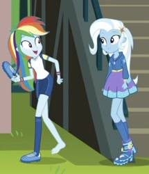 Size: 714x830 | Tagged: safe, screencap, character:rainbow dash, character:trixie, episode:sock it to me, g4, my little pony:equestria girls, barefoot, boots, clothing, cute, dashabetes, diatrixes, feet, hat, kneesocks, legs, shoes, sock it to me: trixie, socks
