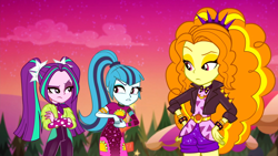 Size: 1918x1080 | Tagged: safe, screencap, character:adagio dazzle, character:aria blaze, character:sonata dusk, equestria girls:sunset's backstage pass, g4, my little pony:equestria girls, clothing, crossed arms, dress, female, hand on hip, minidress, outdoors, pigtails, ponytail, raised eyebrow, shorts, spiked wristband, taco dress, the dazzlings, trio, trio female, twintails, wristband