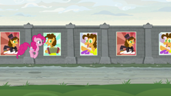 Size: 1920x1080 | Tagged: safe, screencap, character:cheese sandwich, character:pinkie pie, species:pony, episode:the last laugh, g4, my little pony: friendship is magic, poster, pronking, wall