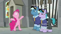 Size: 1920x1080 | Tagged: safe, screencap, character:cheese sandwich, character:pinkie pie, species:pony, episode:the last laugh, g4, my little pony: friendship is magic, bipedal, brick house, gate, grumpy, security guard, tough break