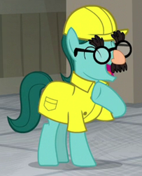 Size: 460x567 | Tagged: safe, screencap, species:earth pony, species:pony, episode:the last laugh, g4, my little pony: friendship is magic, background pony, clothing, cropped, eyes closed, fake nose, glasses, groucho mask, hard hat, hat, laughing, male, raised hoof, solo, stallion, uniform, unnamed pony, worker