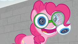 Size: 794x448 | Tagged: safe, screencap, character:pinkie pie, species:pony, episode:the last laugh, g4, my little pony: friendship is magic, brick wall, excited, factory, gag factory, pinkie being pinkie, solo