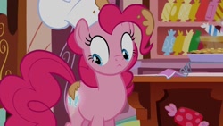 Size: 1280x720 | Tagged: safe, screencap, character:pinkie pie, species:earth pony, species:pony, clothing, cute, female, glowing cutie mark, hat, looking at cutie mark, mare, messy, solo, sugarcube corner