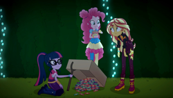 Size: 1915x1080 | Tagged: safe, screencap, character:pinkie pie, character:sunset shimmer, character:twilight sparkle, character:twilight sparkle (scitwi), species:eqg human, equestria girls:sunset's backstage pass, g4, my little pony:equestria girls, boots, box, candy, cardboard box, clothing, eating, female, food, glasses, maze, music festival outfit, neon garden maze, ponytail, shoes, trap, trio, trio female
