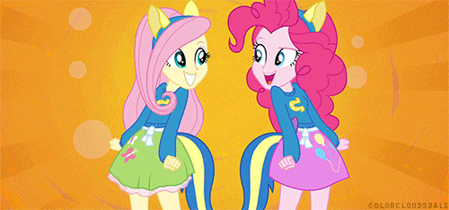 Size: 500x234 | Tagged: safe, screencap, character:fluttershy, character:pinkie pie, equestria girls:equestria girls, g4, my little pony:equestria girls, animated, butt to butt, butt touch, gif, helping twilight win the crown