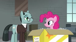 Size: 1920x1080 | Tagged: safe, screencap, character:pinkie pie, character:sans smirk, species:pony, episode:the last laugh, g4, my little pony: friendship is magic, box, clothing, factory, gag factory, glasses, suit, window
