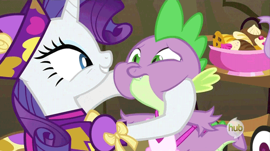 Size: 550x309 | Tagged: safe, screencap, character:rarity, character:spike, species:dragon, species:pony, species:unicorn, episode:dragon quest, g4, my little pony: friendship is magic, animated, chubby cheeks, duo, female, gif, hub logo, male, mare, puffy cheeks, season 2, squishy cheeks