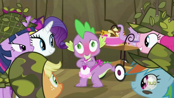 Size: 720x405 | Tagged: safe, screencap, character:applejack, character:pinkie pie, character:rainbow dash, character:rarity, character:spike, character:twilight sparkle, species:dragon, species:earth pony, species:pegasus, species:pony, species:unicorn, episode:dragon quest, g4, my little pony: friendship is magic, animated, apron, blushing, clothing, female, gif, hub logo, male, mare, naked apron, out of context, wingless spike